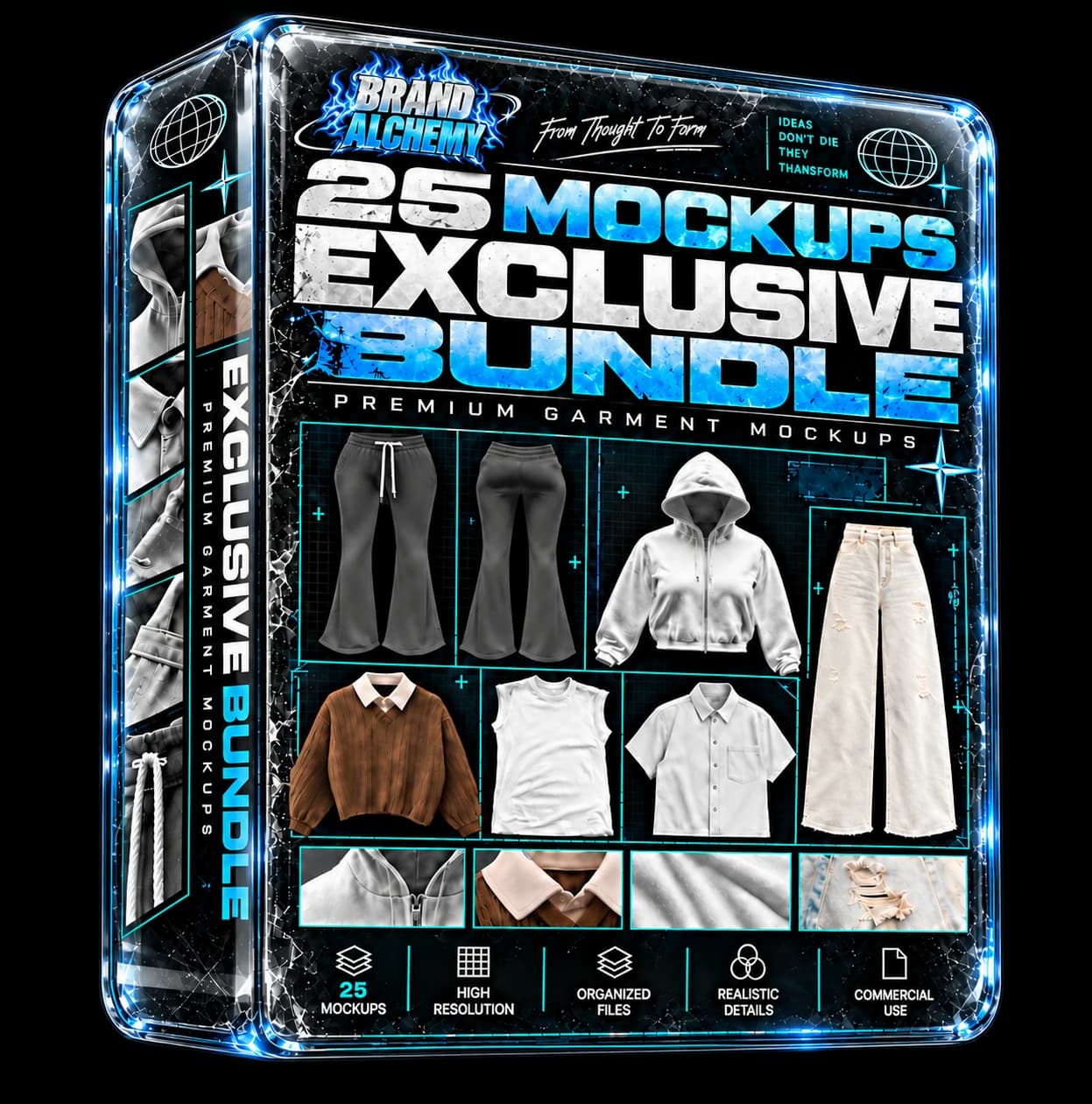The 25 Mockups Exclusive Bundle box: flared pants, a zip hoodie, wide-leg jeans, a knitted sweater, a tank and a button-up shirt on its face.