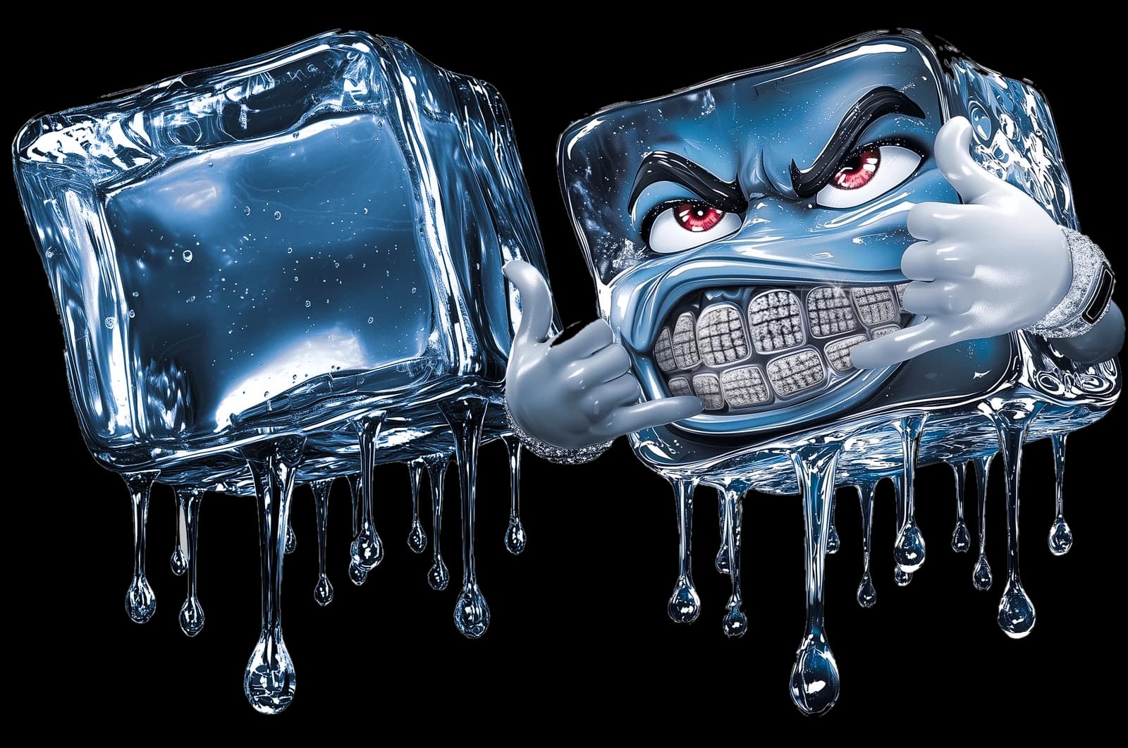 Iced Out final artwork: two ice cubes, one deadpan and one furious, dripping