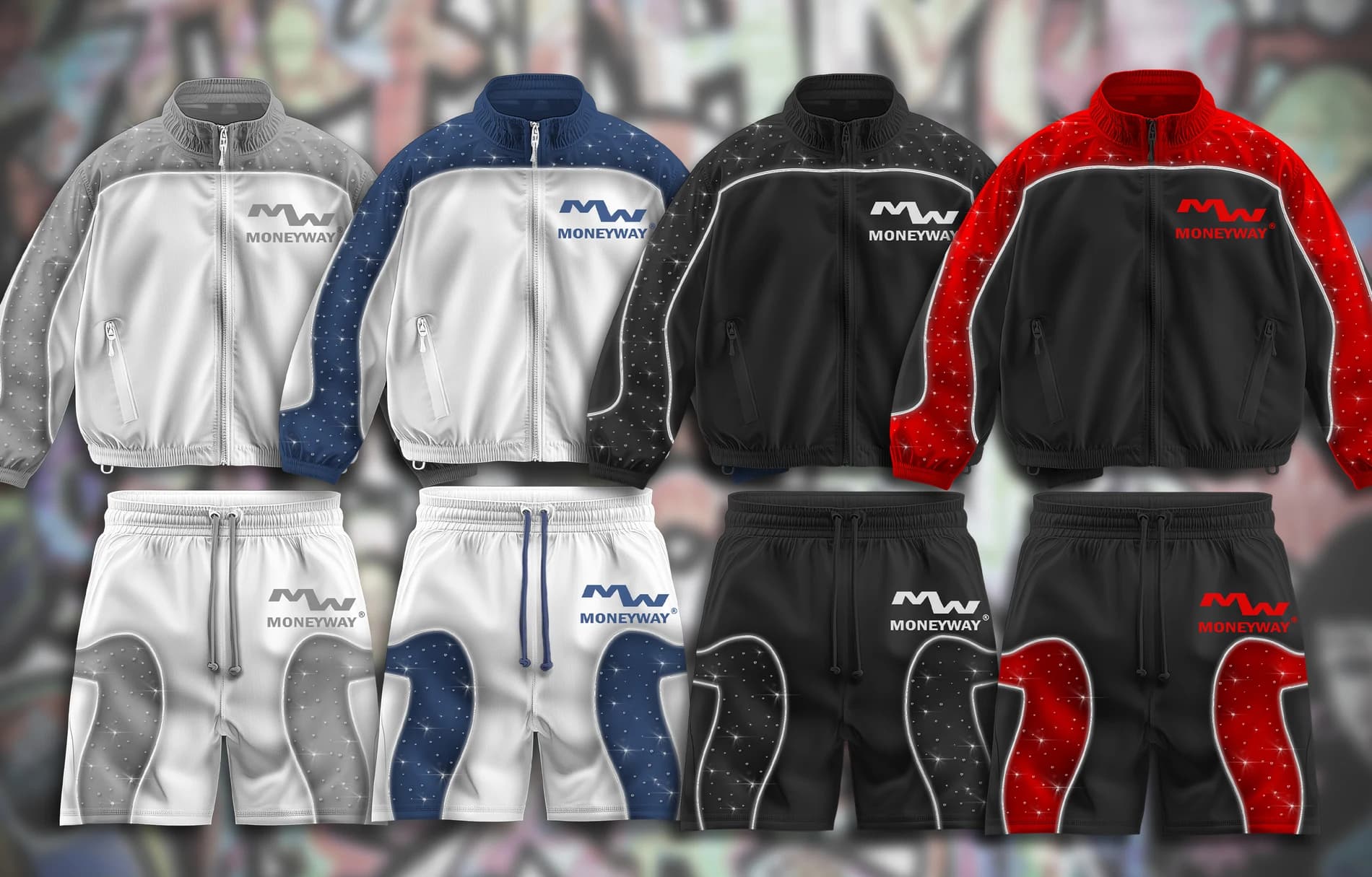 The Moneyway Lights Out collection under light: the grey, navy, black and red short sets hung against a graffiti wall