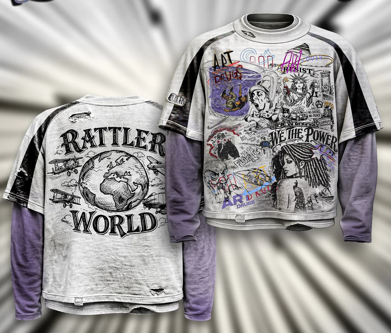 Rattler World streetwear: printed double-layer tees over washed cargo pants