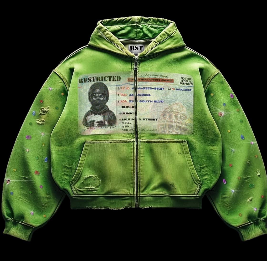 Restricted distressed green hooded bomber with an identification-card print