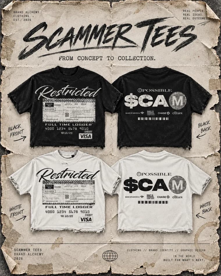 Scammer Tees — the capsule sheet: black and white tees, front and back